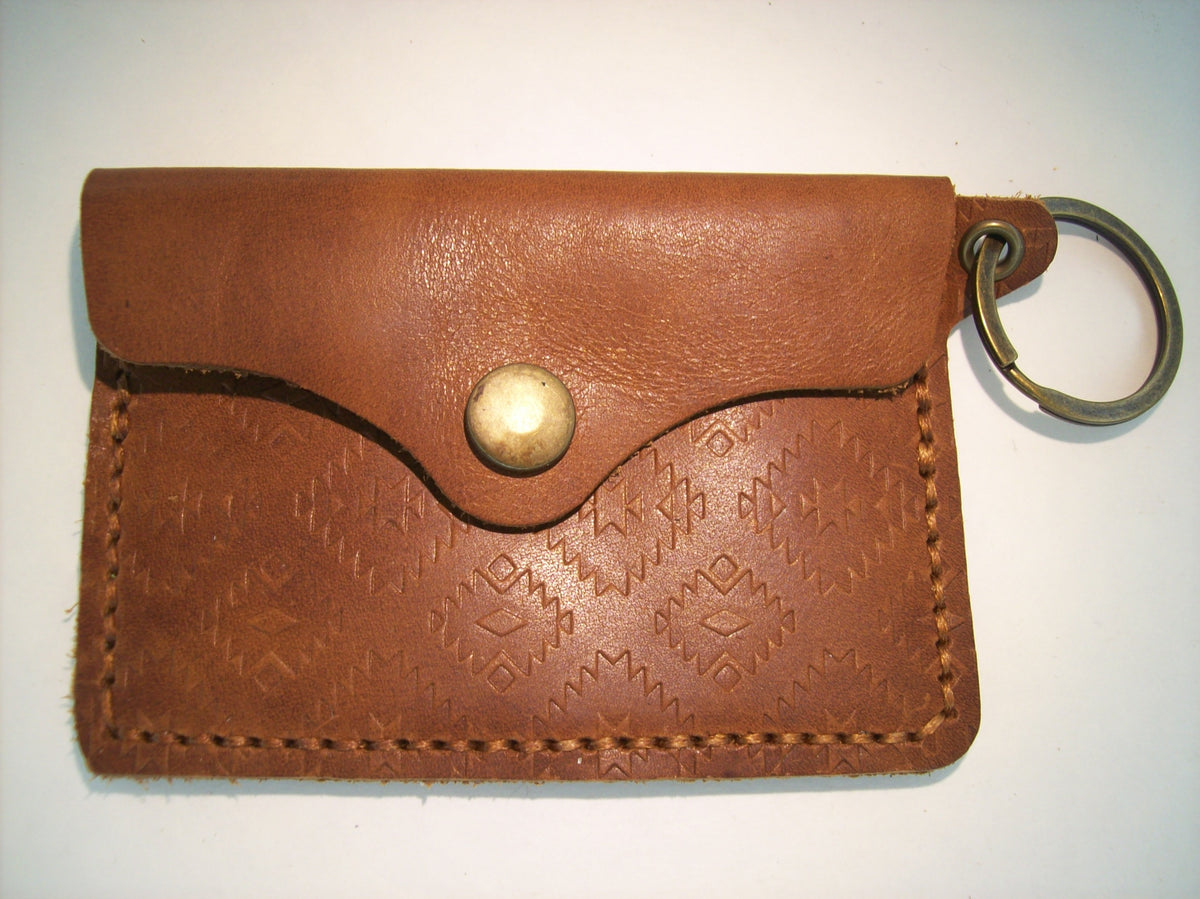 Embossed Leather Card Wallet Keychain – Repurposed Leather